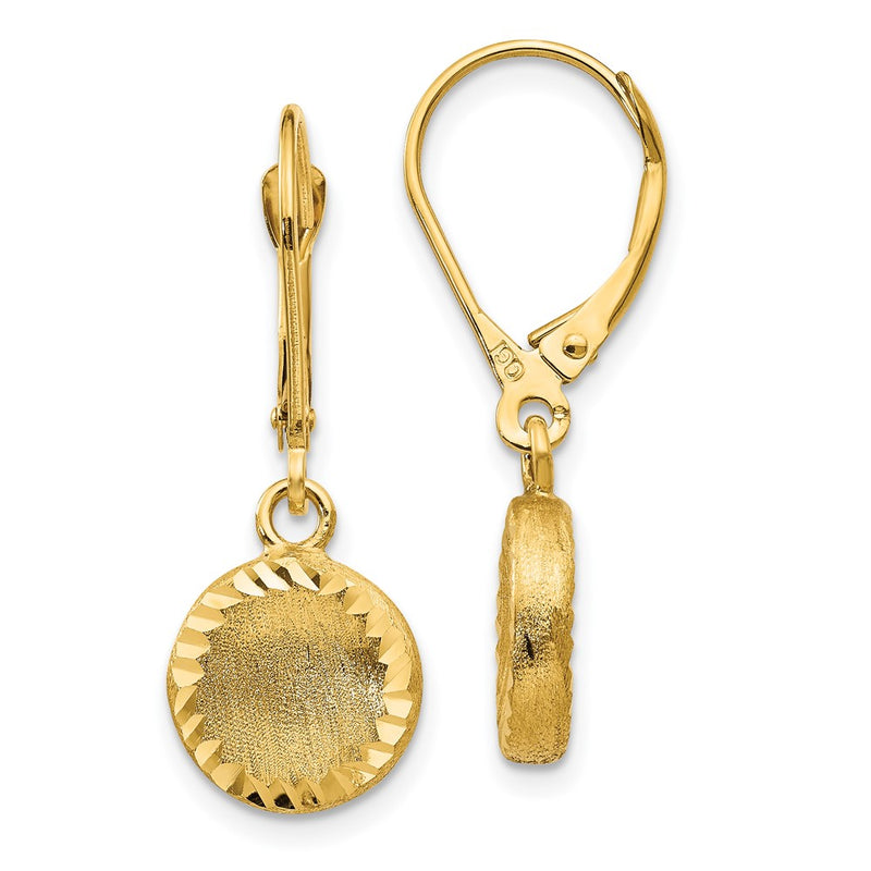 14K Yellow Gold Brushed And Polished Diamond-Cut Circle Leverback Earrings