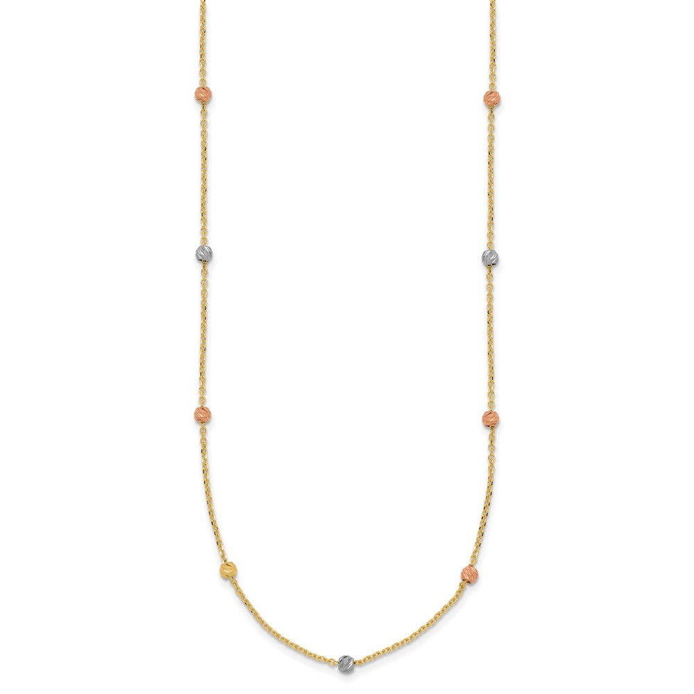 14K Tri-Color Polished & D/C Beaded Necklace