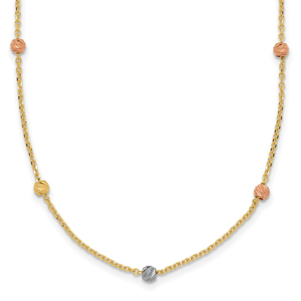 14K Tri-Color Polished & D/C Beaded Necklace