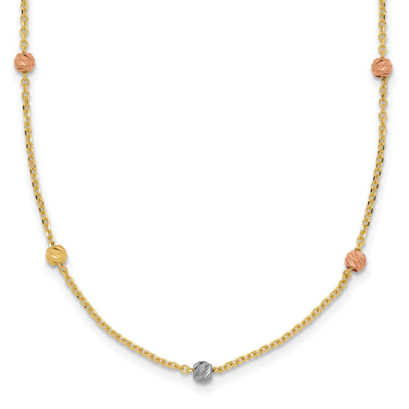 14K Tri-Color Polished & D/C Beaded Necklace