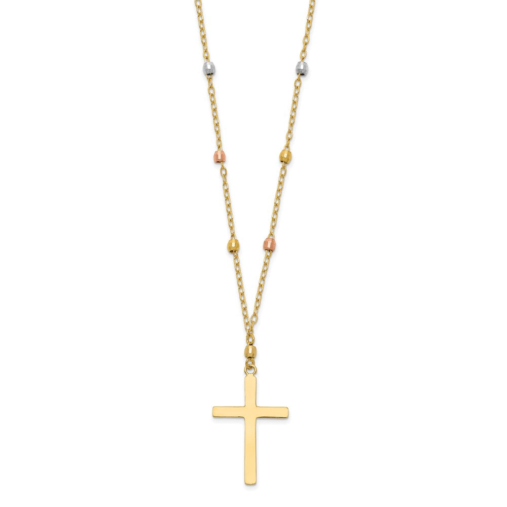 14K Tri-Color Tri Colored Gold Diamond Cut Beaded Cross Necklace