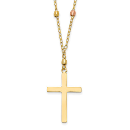 14K Tri-Color Tri Colored Gold Diamond Cut Beaded Cross Necklace