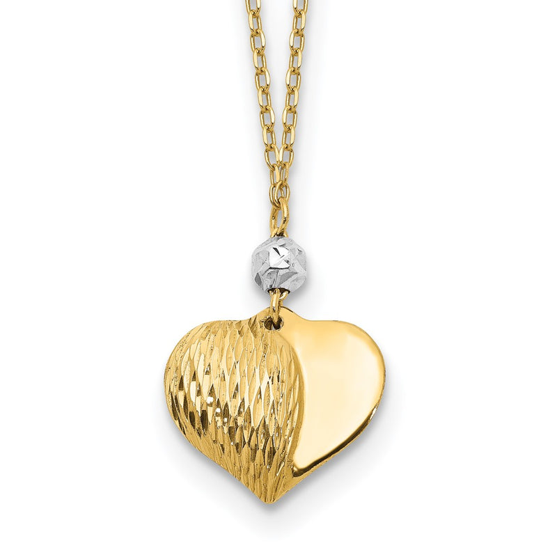 14K Two-Tone Two Tone Polished & D/C Puffed Heart 18 Inch Necklace