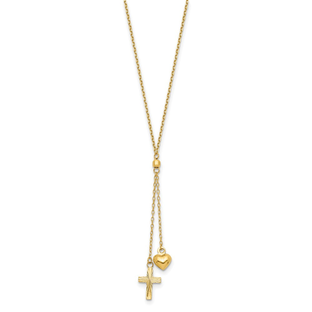 16.00 Inch 14K Puffed Heart & D/C Cross Graduated Chain W/2 In Ext Necklace