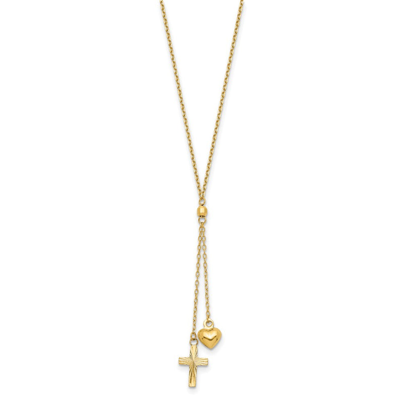 16.00 Inch 14K Puffed Heart & D/C Cross Graduated Chain W/2 In Ext Necklace