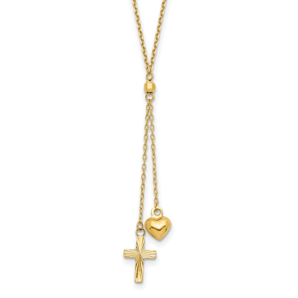 16.00 Inch 14K Puffed Heart & D/C Cross Graduated Chain W/2 In Ext Necklace