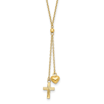 16.00 Inch 14K Puffed Heart & D/C Cross Graduated Chain W/2 In Ext Necklace
