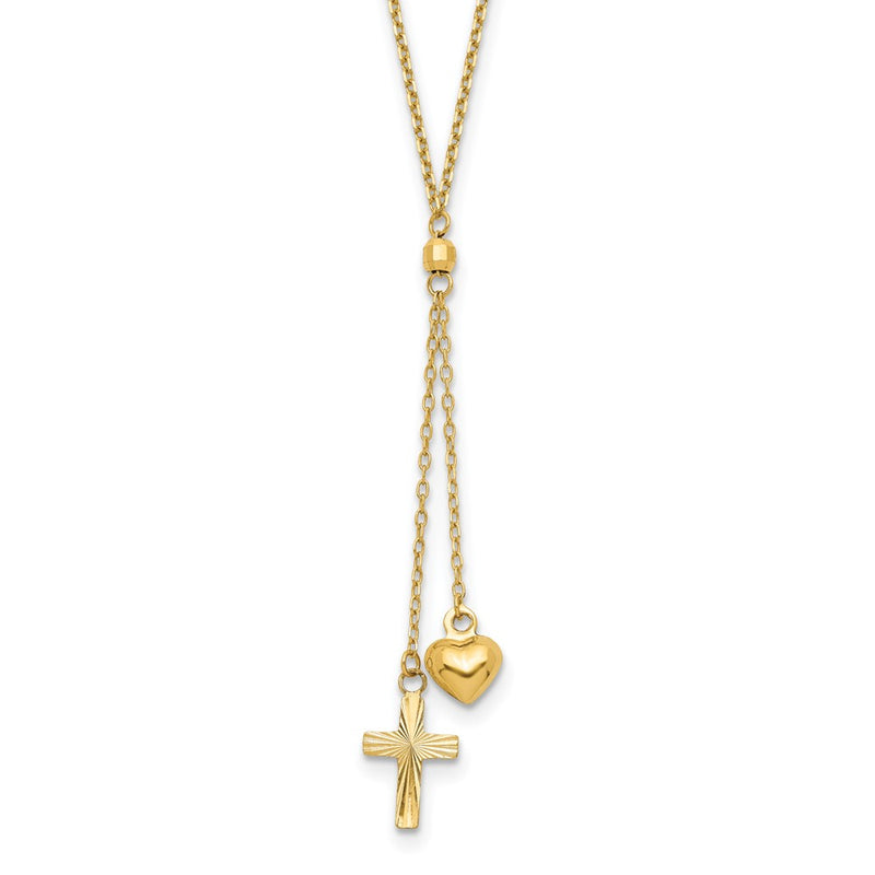 16.00 Inch 14K Puffed Heart & D/C Cross Graduated Chain W/2 In Ext Necklace