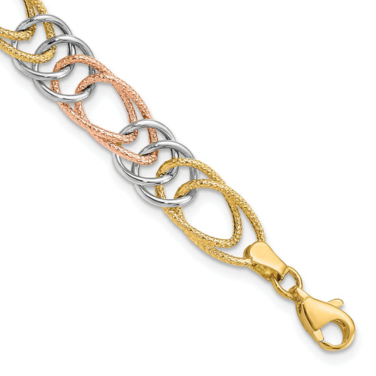 7.25 Inch 14K Tri-Color Polished/Textured Fancy Double Link Bracelet