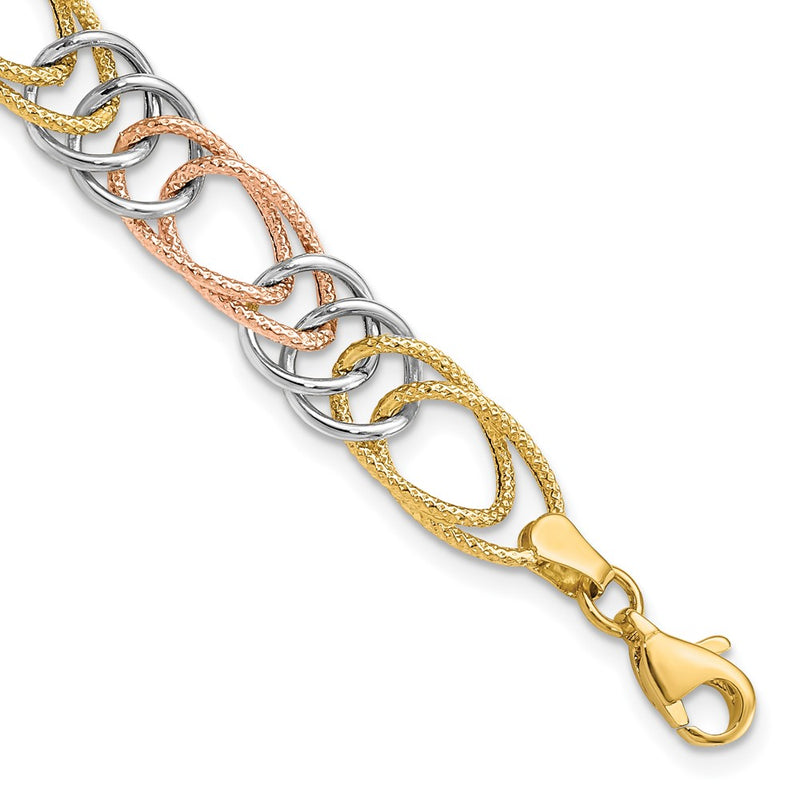 7.25 Inch 14K Tri-Color Polished/Textured Fancy Double Link Bracelet