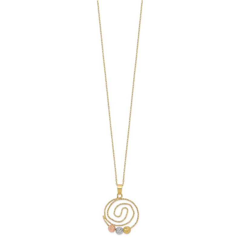 14K Tri-Color D/C Beads On Spiral Pendant Necklace