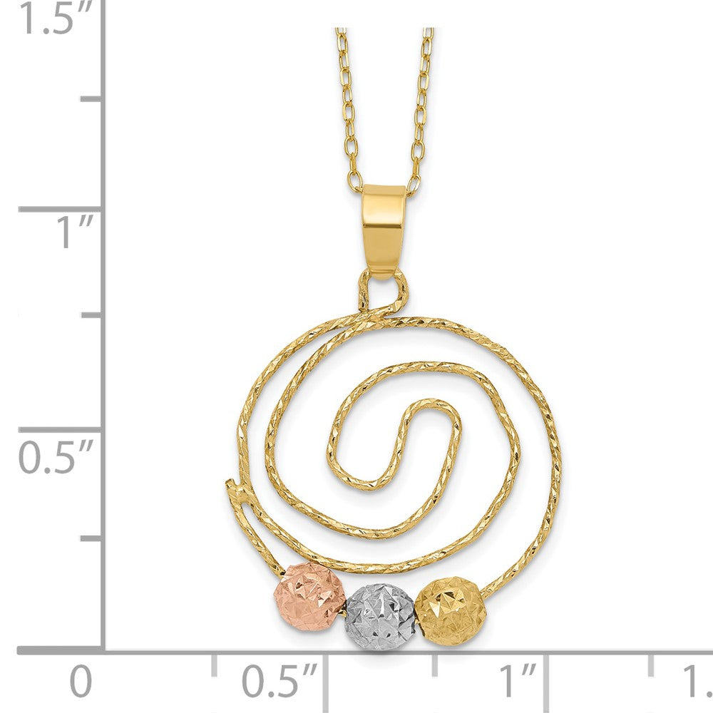 14K Tri-Color D/C Beads On Spiral Pendant Necklace
