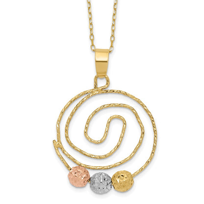 14K Tri-Color D/C Beads On Spiral Pendant Necklace