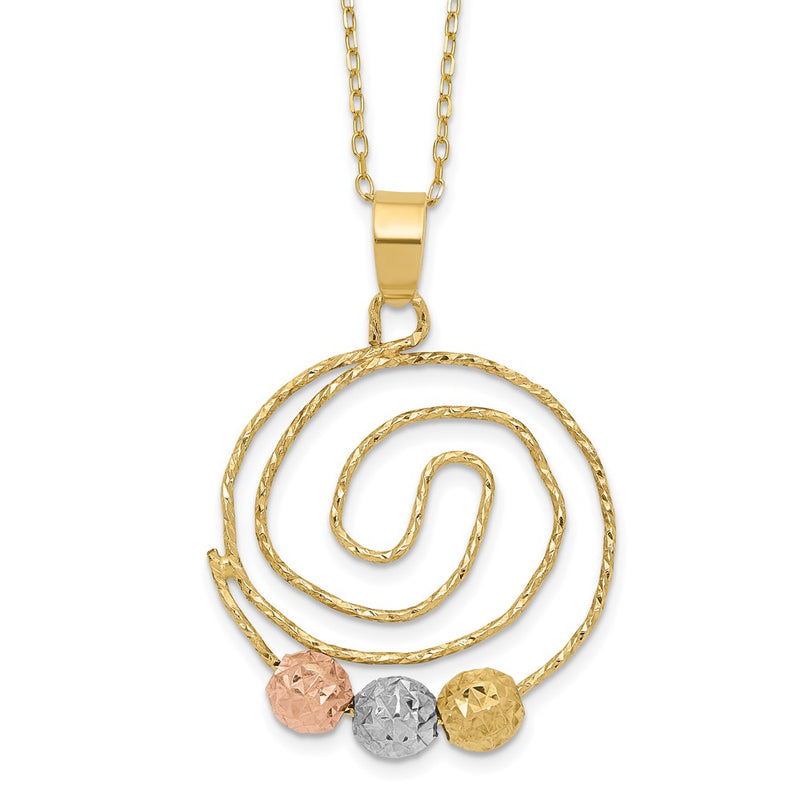 14K Tri-Color D/C Beads On Spiral Pendant Necklace