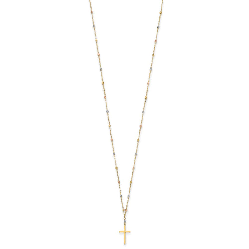 14K Tri-Color Diamond-Cut Beaded Polished Cross Necklace