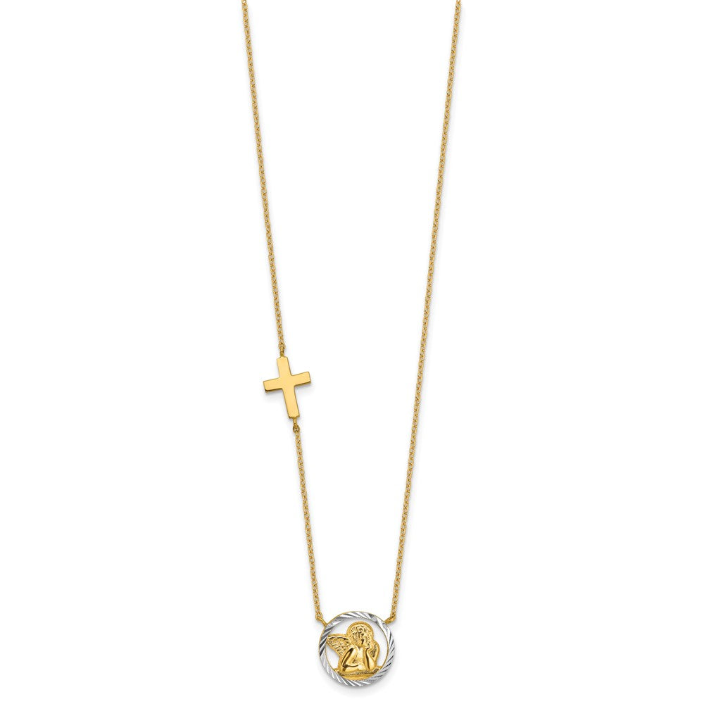 14K Yellow & Rhodium Rhodium-Plated D/C Angel Cross Necklace