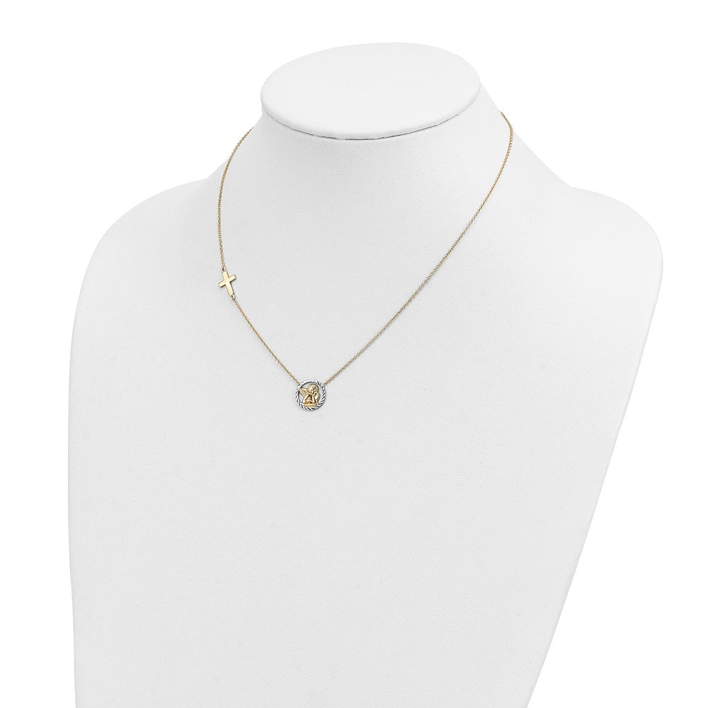 14K Yellow & Rhodium Rhodium-Plated D/C Angel Cross Necklace