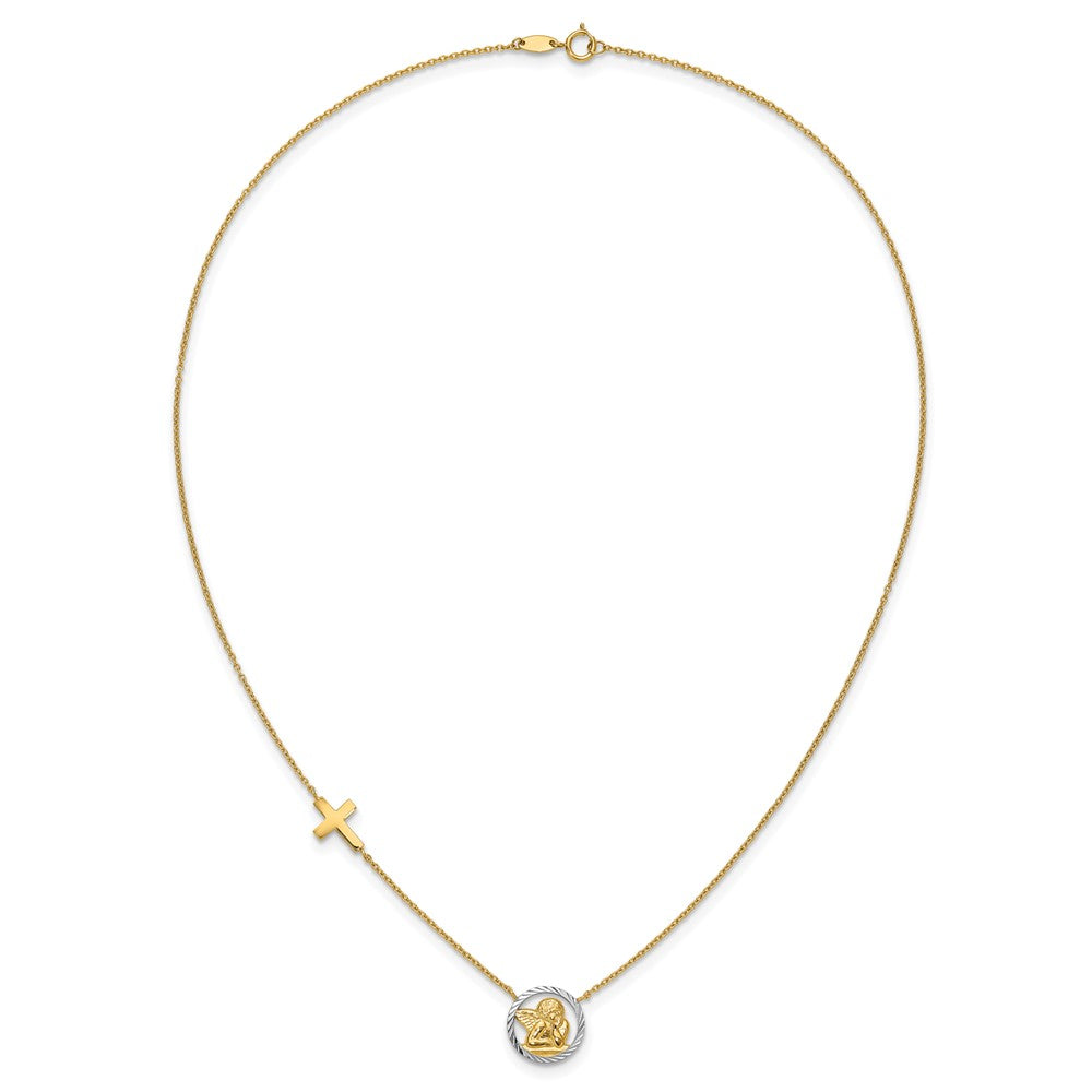 14K Yellow & Rhodium Rhodium-Plated D/C Angel Cross Necklace