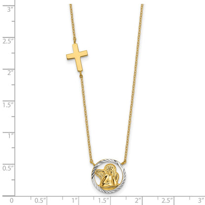 14K Yellow & Rhodium Rhodium-Plated D/C Angel Cross Necklace