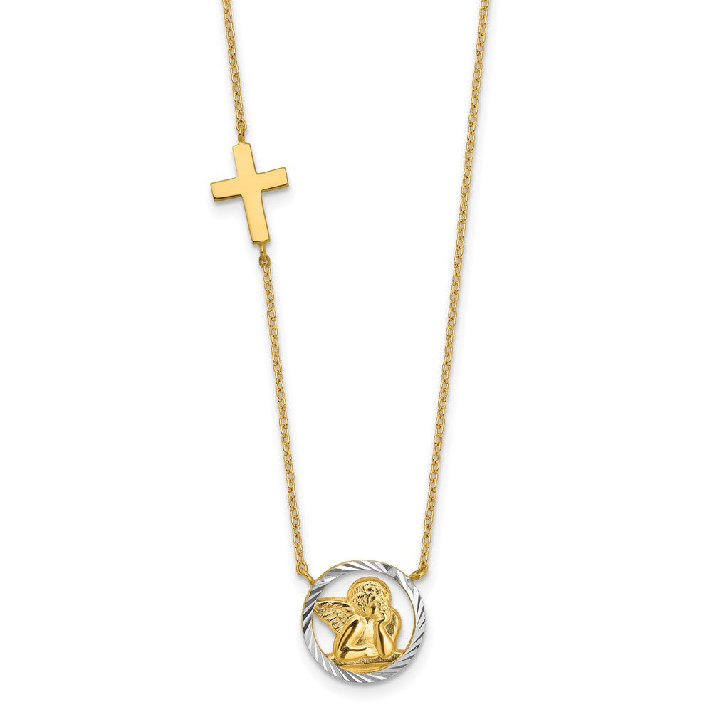 14K Yellow & Rhodium Rhodium-Plated D/C Angel Cross Necklace