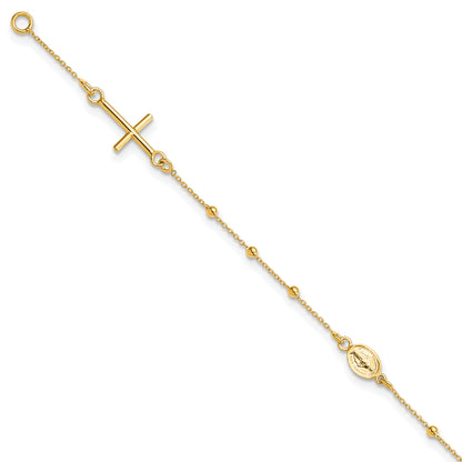 14K Yellow Gold Polished Cross Rosary 7.5 Inch Bracelet