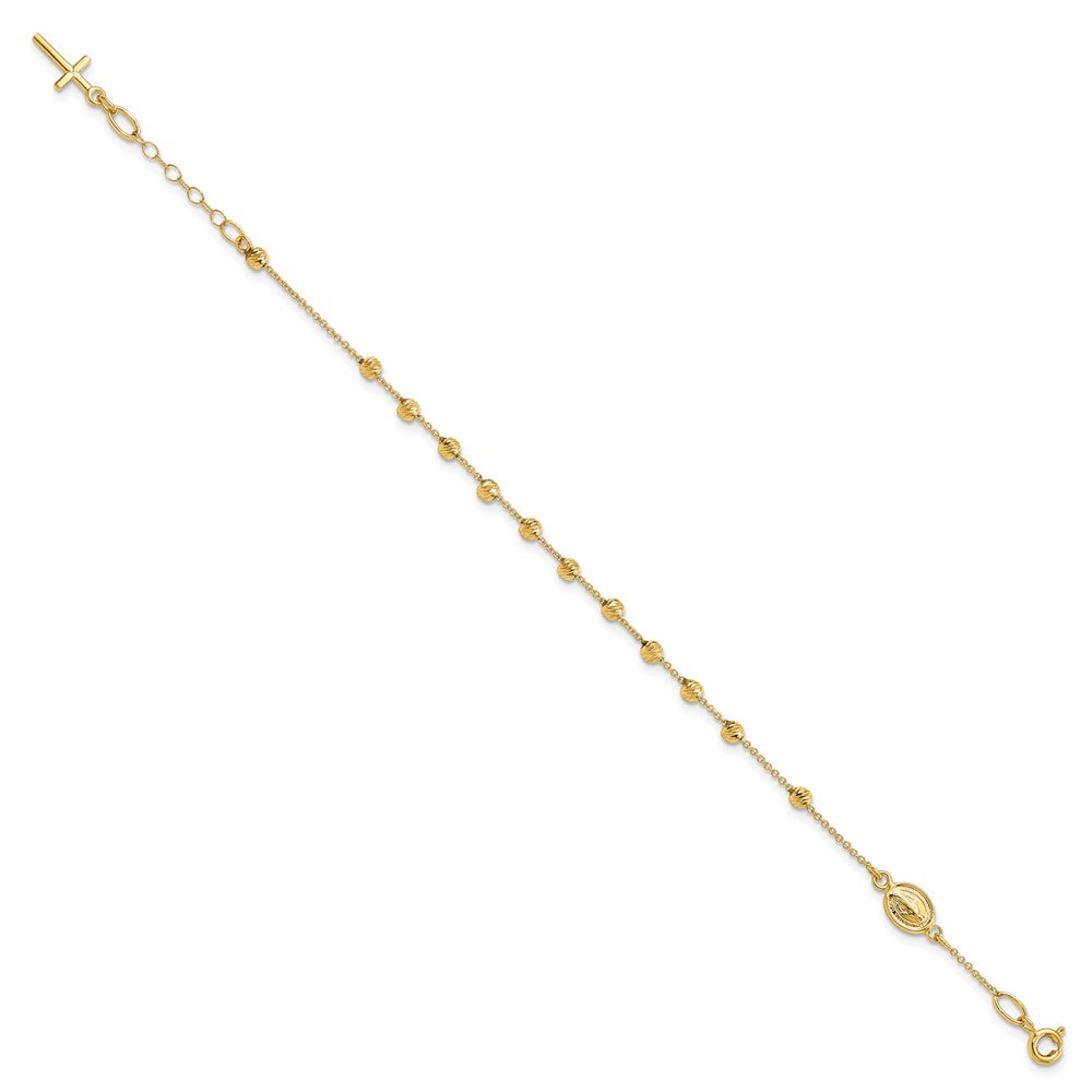 6 Inch 14K Polished D/C Cross And Miraculous Medal .75In Ext. Bracelet