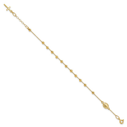 6 Inch 14K Polished D/C Cross And Miraculous Medal .75In Ext. Bracelet