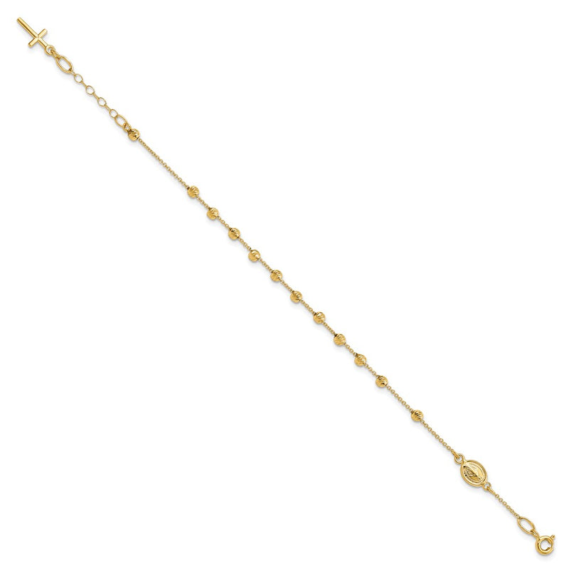 6 Inch 14K Polished D/C Cross And Miraculous Medal .75In Ext. Bracelet