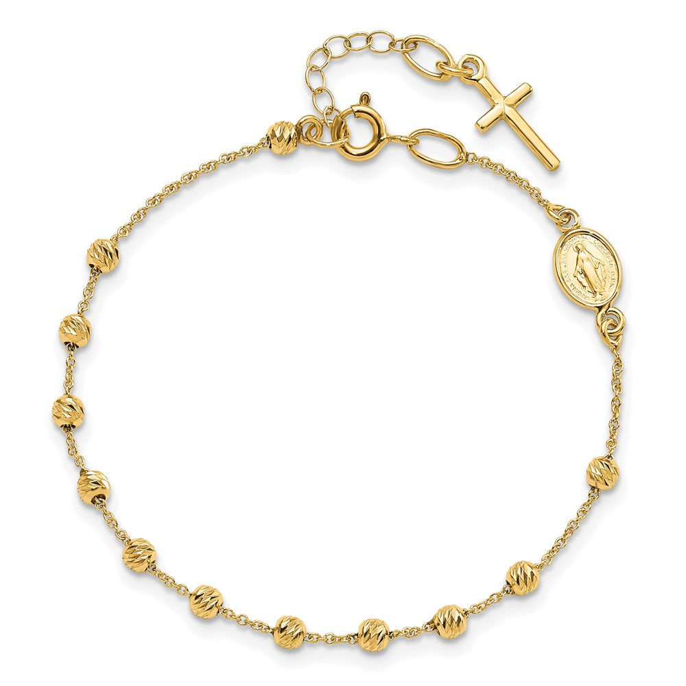 6 Inch 14K Polished D/C Cross And Miraculous Medal .75In Ext. Bracelet