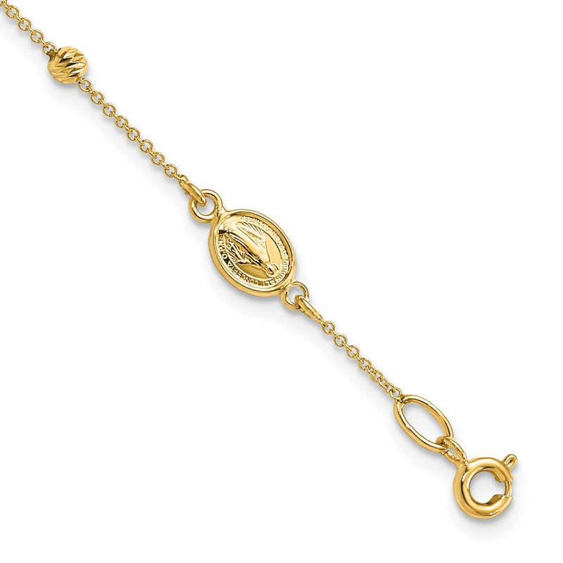 6 Inch 14K Polished D/C Cross And Miraculous Medal .75In Ext. Bracelet