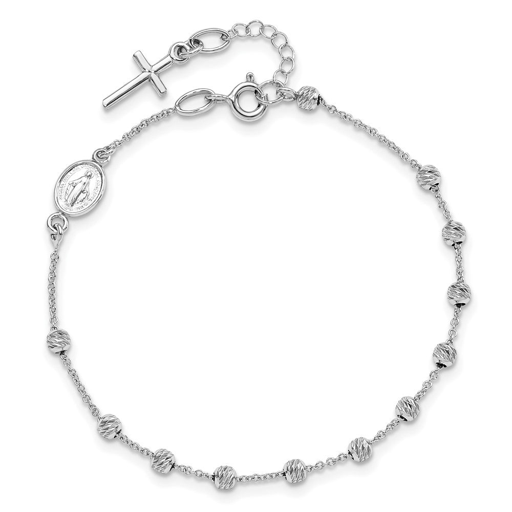 6 Inch 14K White Gold D/C Cross And Miraculous Medal .75In Ext. Bracelet
