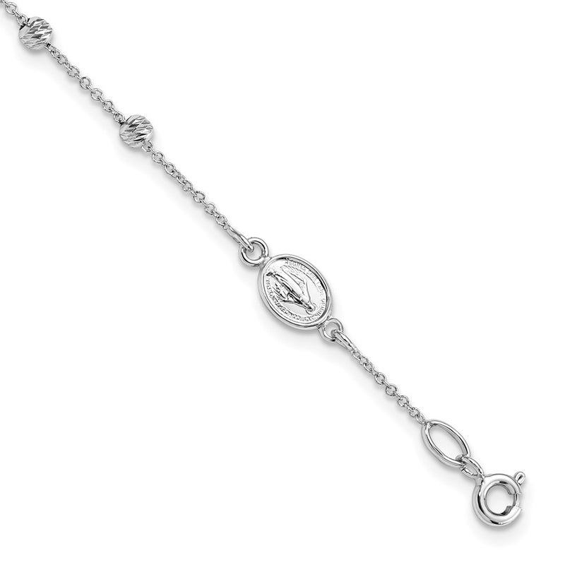 6 Inch 14K White Gold D/C Cross And Miraculous Medal .75In Ext. Bracelet