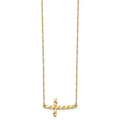 14K Yellow Gold Polished Twisted Sideways Cross 17 Inch Necklace