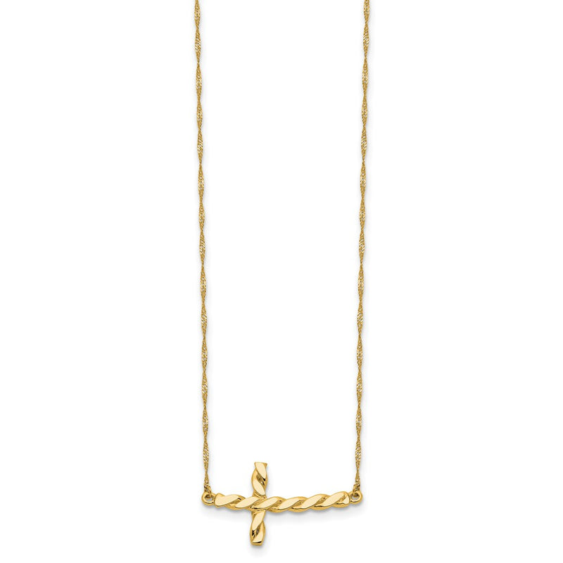 14K Yellow Gold Polished Twisted Sideways Cross 17 Inch Necklace