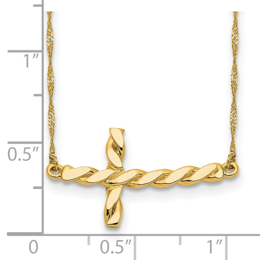 14K Yellow Gold Polished Twisted Sideways Cross 17 Inch Necklace