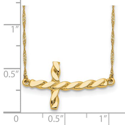 14K Yellow Gold Polished Twisted Sideways Cross 17 Inch Necklace