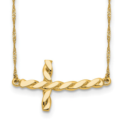 14K Yellow Gold Polished Twisted Sideways Cross 17 Inch Necklace