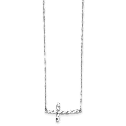 14K White Gold Polished Twisted Sideways Cross 17 Inch Necklace