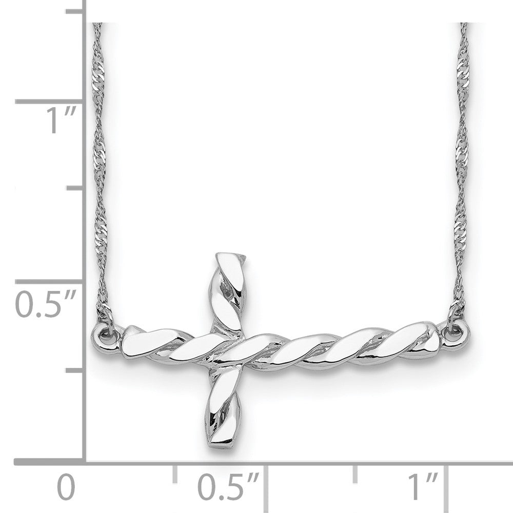 14K White Gold Polished Twisted Sideways Cross 17 Inch Necklace