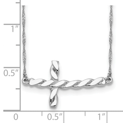 14K White Gold Polished Twisted Sideways Cross 17 Inch Necklace