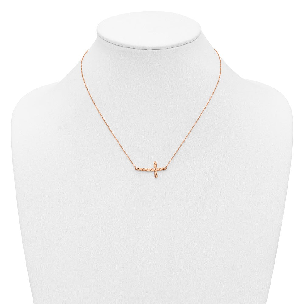 14k-rose-gold-polished-twisted-sideways-cross-17-inch-necklace