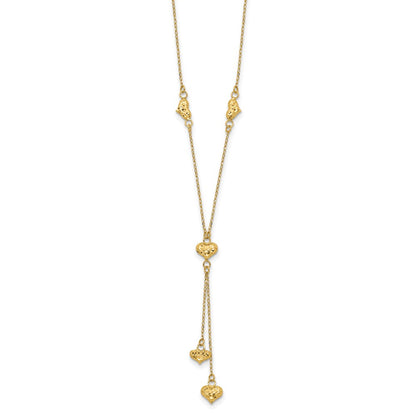 14K Yellow Gold Polished Diamond-Cut Puffed Hearts W/2In Ext. Y-Necklace