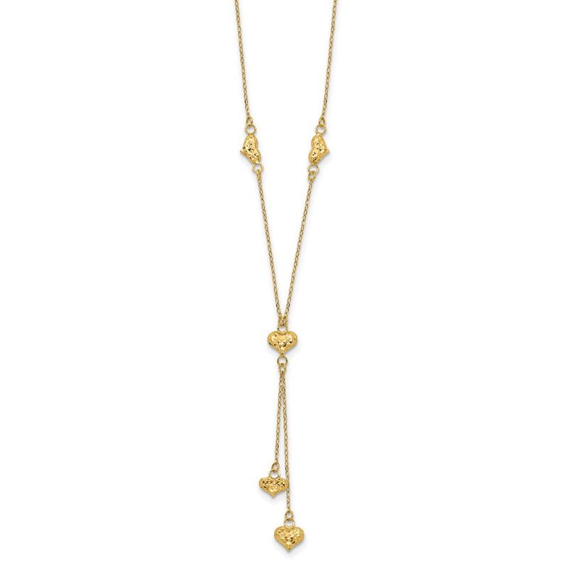 14K Yellow Gold Polished Diamond-Cut Puffed Hearts W/2In Ext. Y-Necklace