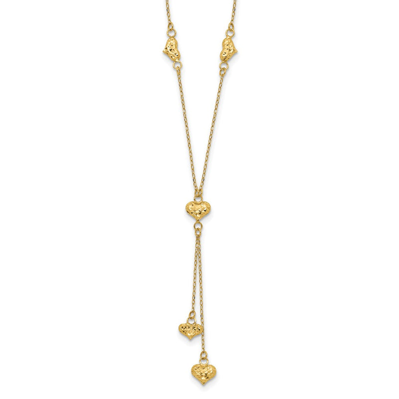 14K Yellow Gold Polished Diamond-Cut Puffed Hearts W/2In Ext. Y-Necklace