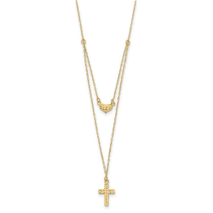 14K Yellow Gold Polished 2-Strand D/C Cross & Heart W/2In. Ext. Necklace