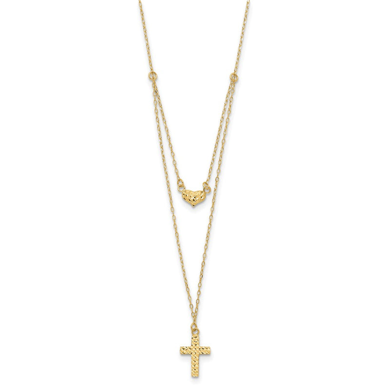 14K Yellow Gold Polished 2-Strand D/C Cross & Heart W/2In. Ext. Necklace
