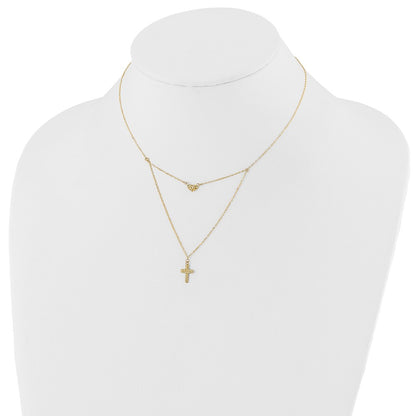 14K Yellow Gold Polished 2-Strand D/C Cross & Heart W/2In. Ext. Necklace