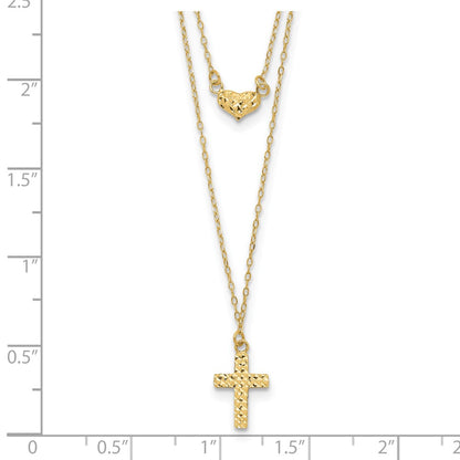 14K Yellow Gold Polished 2-Strand D/C Cross & Heart W/2In. Ext. Necklace
