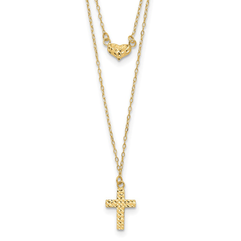 14K Yellow Gold Polished 2-Strand D/C Cross & Heart W/2In. Ext. Necklace