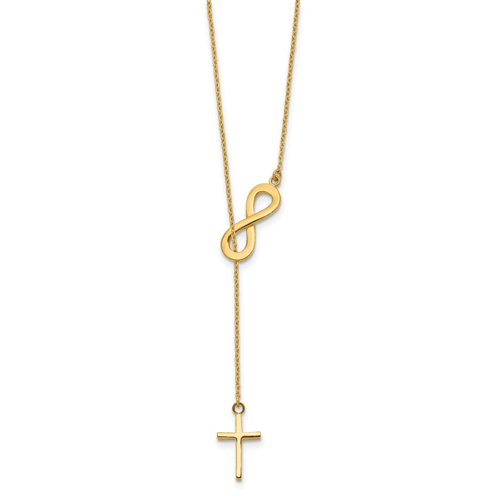 14K Yellow Gold Polished Infinity & Cross Lariat Necklace